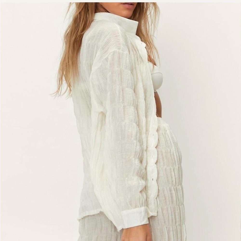 Off White Textured Swimsuit Cover Set